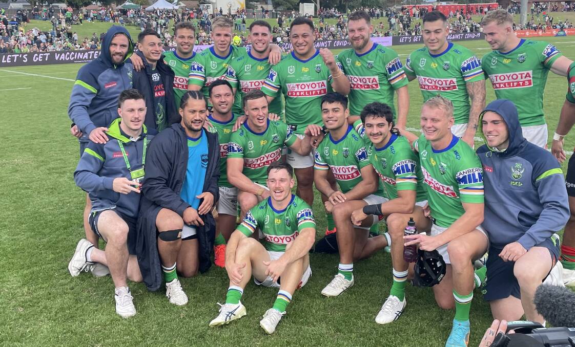 CELEBRATE: Jack Wighton (middle, fourth from left) with his Canberra teammates after Sunday's dominant win at Dubbo. Picture: Nick Guthrie