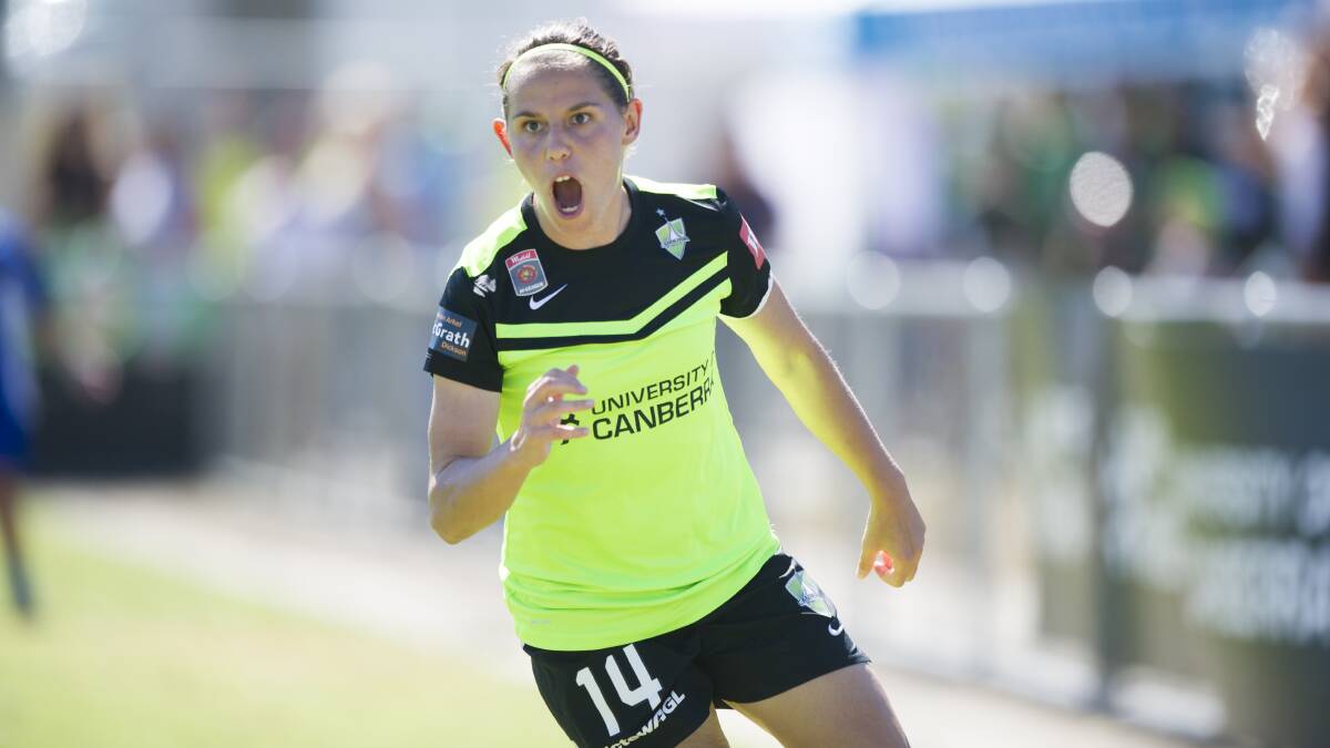 Ashleigh Sykes celebrates one of her many goals during a glittering Canberra United career.
