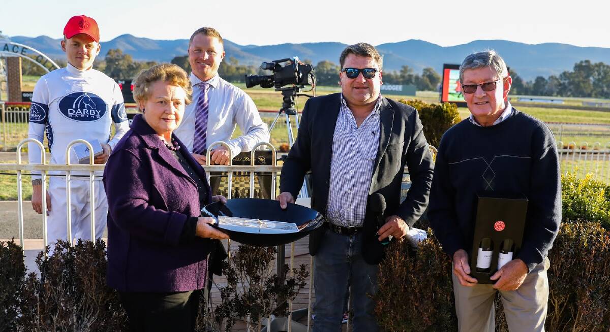 SUCCESS: (back row, from left) Jockey Brodie Loy and trainer Cameron Crockett, with (front) owner Jenny Ward, Gooree Park's Andrew Baddock, and owner Don Ward. Photo: SIMONE KURTZ