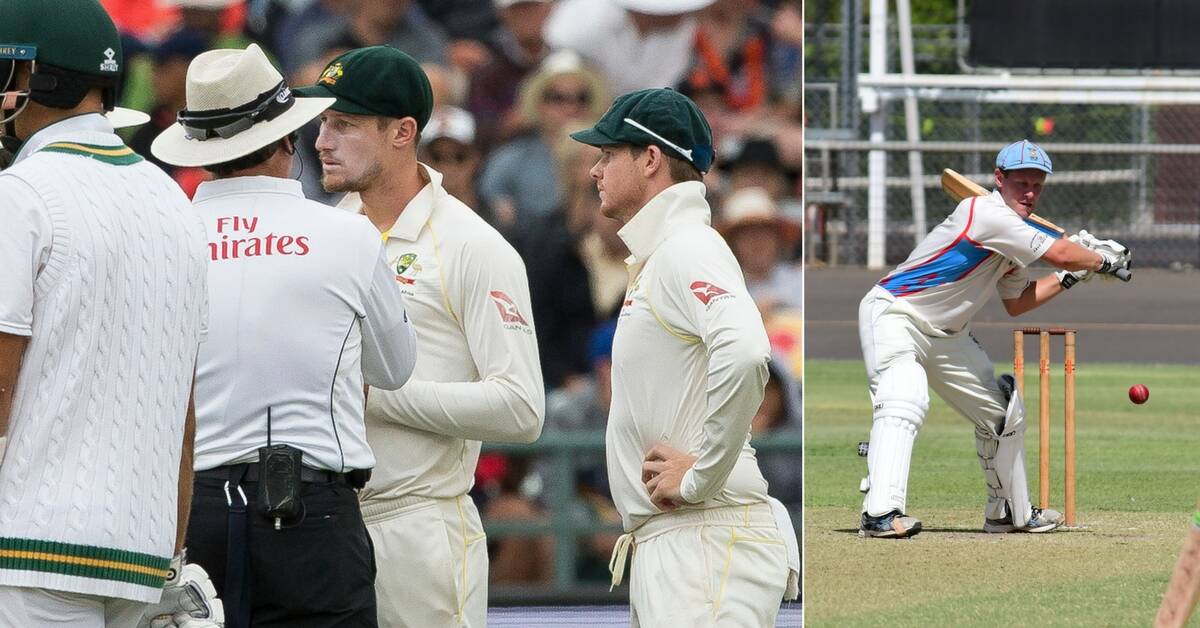 CONTRAST: Australian cricketers Cameron Bancroft and Steve Smith with umpires after being caught ball-tampering and (right) Jordan Moran in action on Saturday.