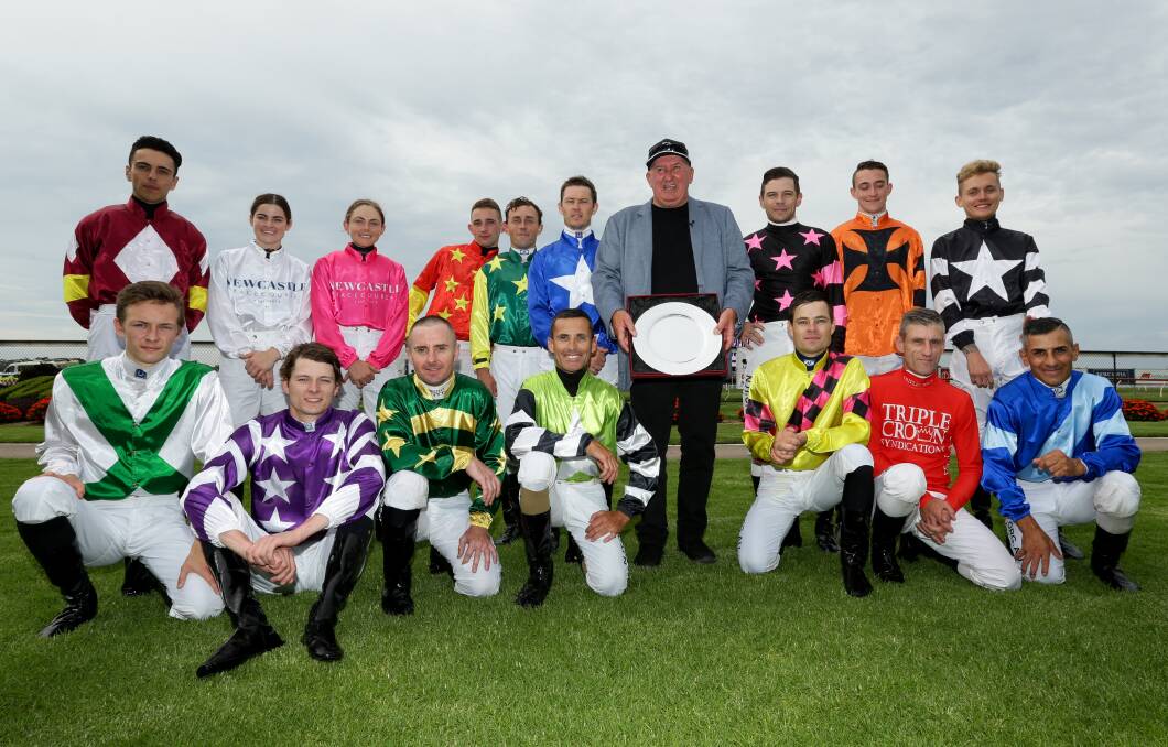 FAREWELL: Pat Webster and all the jockeys who rode in the final race he contested as a trainer on the weekend. Photo: JONATHAN CARROLL
