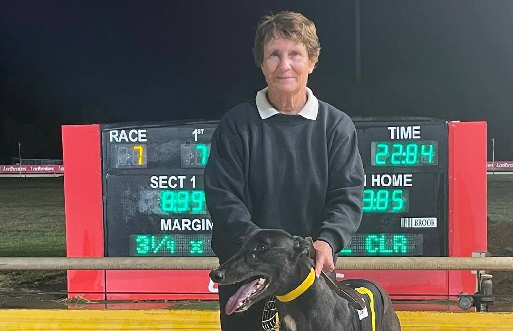 TREBLE TREAT: Pamela Braddon and Lightning Blazer, one of the winners during a big night for the kennels at Dawson Park on Saturday.