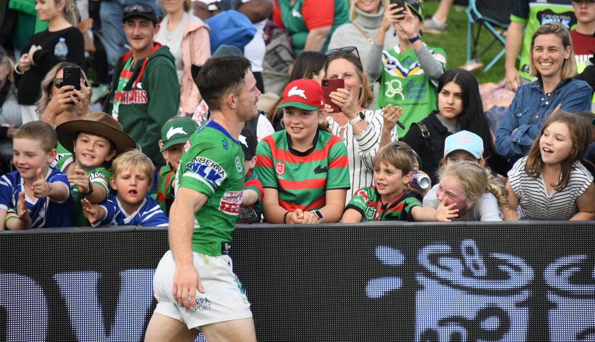 CONNECTED: Young footy fanatics got the chance to rub shoulders with NRL stars at Apex Oval on Sunday. Picture: Amy McIntyre