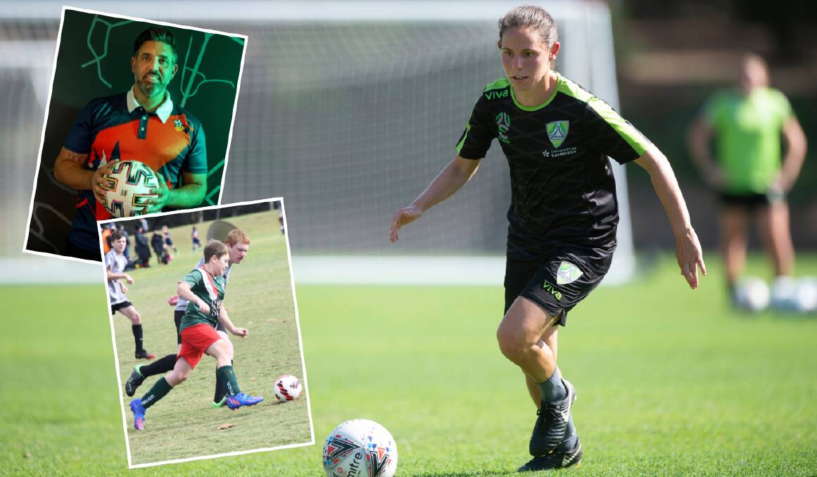 Dubbo junior and former Canberra women's star Ashleigh Sykes and (insets, from top) Canberra A-League bid leader Michael Caggiano and Dubbo junior players last season. Main picture by Sitthixay Ditthavong