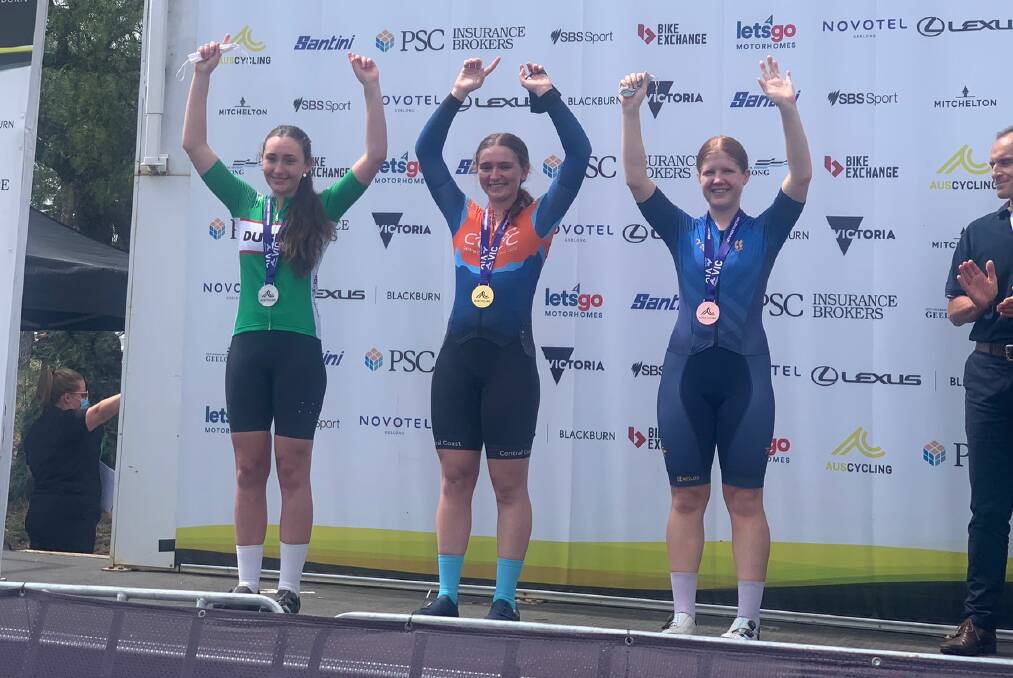 ON THE BOARD: Isabelle Russell (left) collected Dubbo Cycle Club's first major medal for 2022. Picture: Supplied