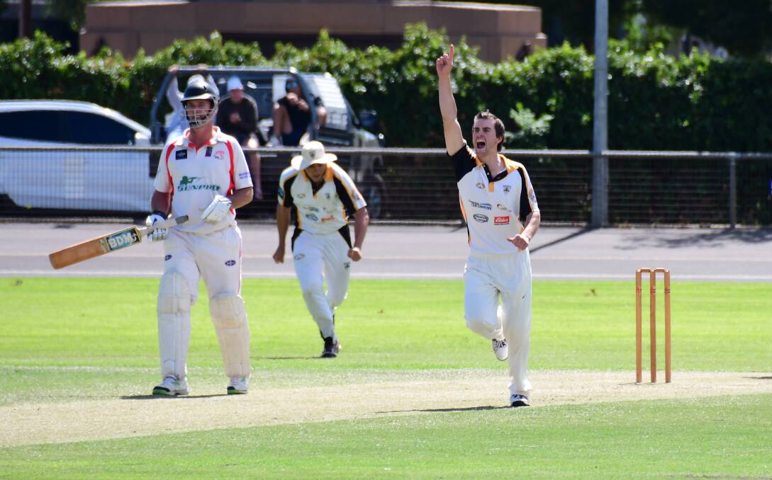 TOO GOOD: Newtown's Trent Smith celebrates one of his three wickets early on Saturday. Photo: AMY McINTYRE