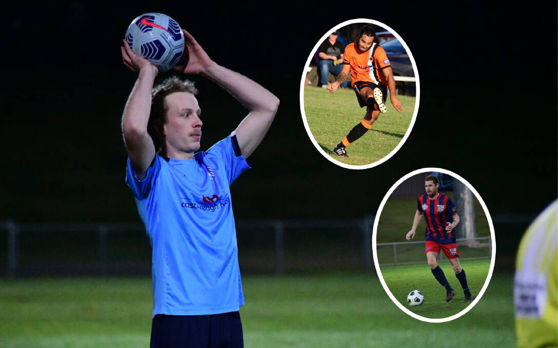 LOCKED IN: Macquarie United's Brooklyn Crain and (insets, from top) Alex Richardson-Bell of Dubbo FC and Orana Spurs' David Ferguson know what awaits them in 2022.