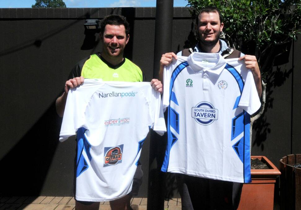 READY TO GO: Dubbo player Angus Norton and captain Mat Skinner with the new representative playing shirt to be worn this weekend. Photo: NICK GUTHRIE