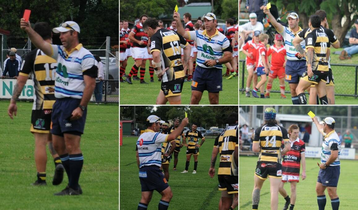 MARCHING ORDERS: Referee Chris Reynolds was a busy man during Saturday's clash between the Dubbo Rhinos and Narromine Gorillas. Pictures: Nick Guthrie