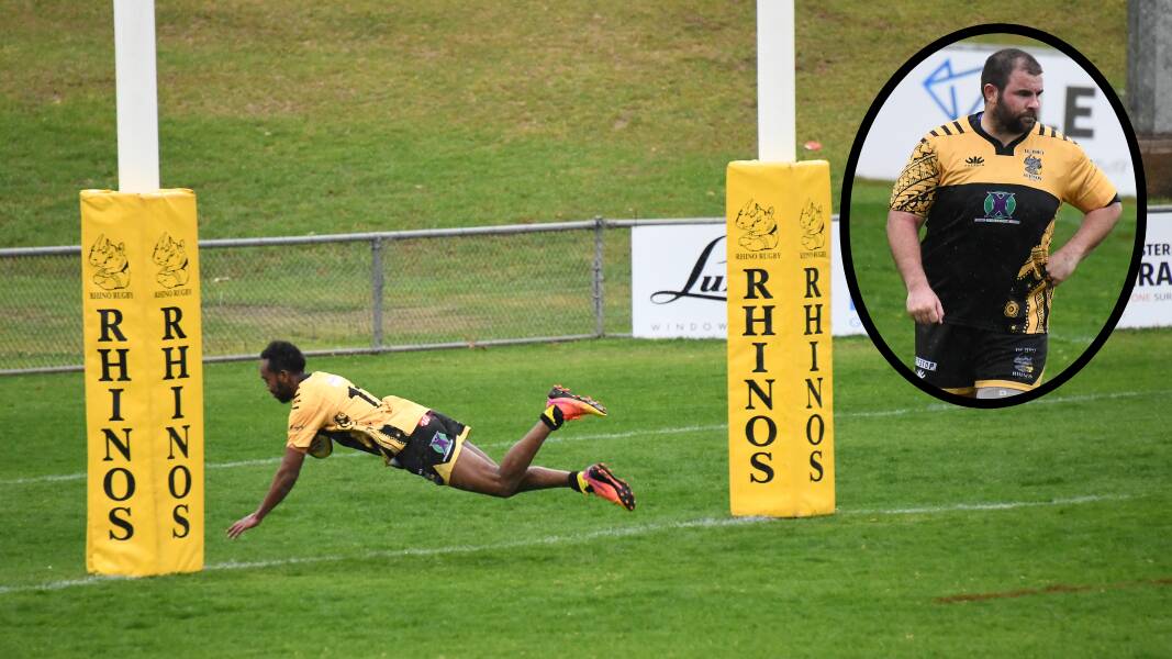 Amini Rokaci scores during the Rhinos' win over Parkes on Saturday and (inset) Dylan Hill. Pictures by Amy McIntyre