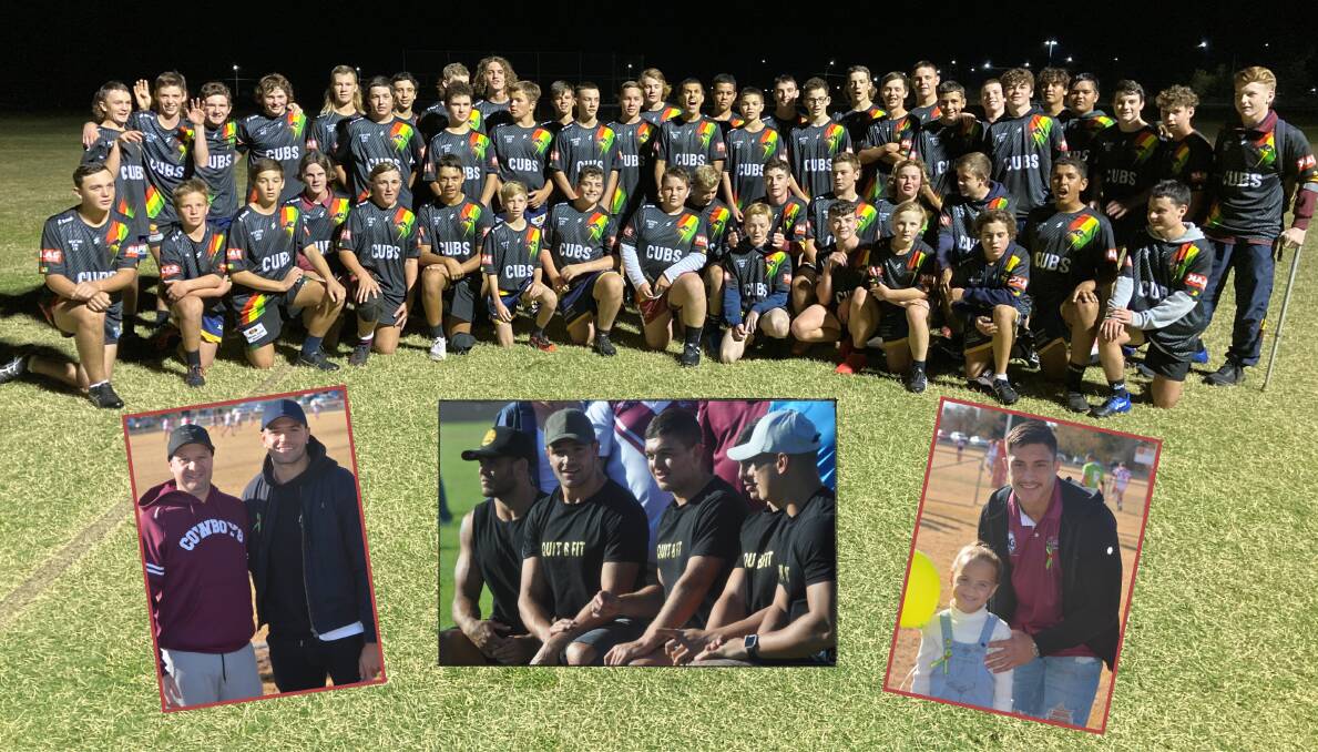 SUPPORT: Dubbo's latest batch of Panthers Cubs and (insets) NRL players Braidon Burns (left), Kotoni Staggs (right) and others supporting WACHS and the Wellington Cowboys.