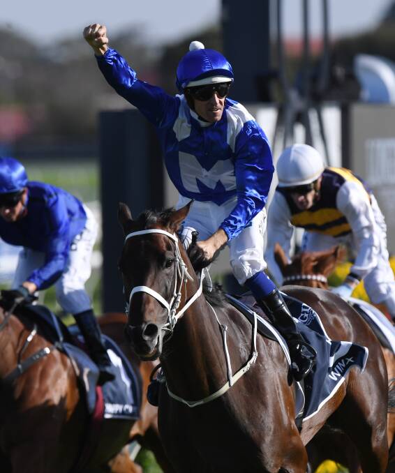 KING AND QUEEN: Hugh Bowman punches the air after guiding Winx to a record-matching 25th straight victory on Saturday. Photo: AAP/DAVID MOIR