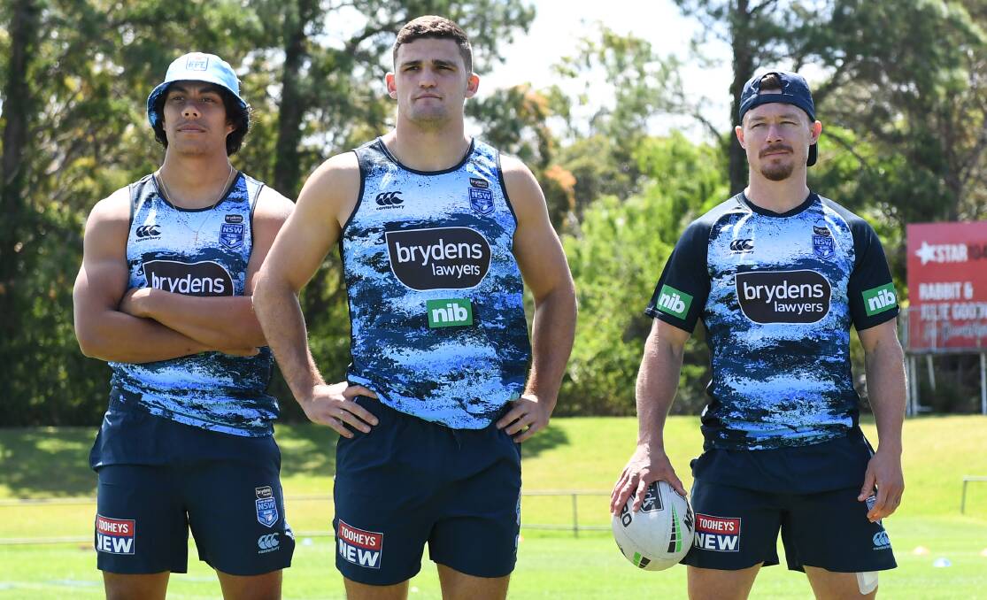 HEADING WEST: Jarome Laui (left), Nathan Cleary (centre), and Damien Cook were Origin teammates recently but will go head-to-head at Dubbo. Photo: NSWRL