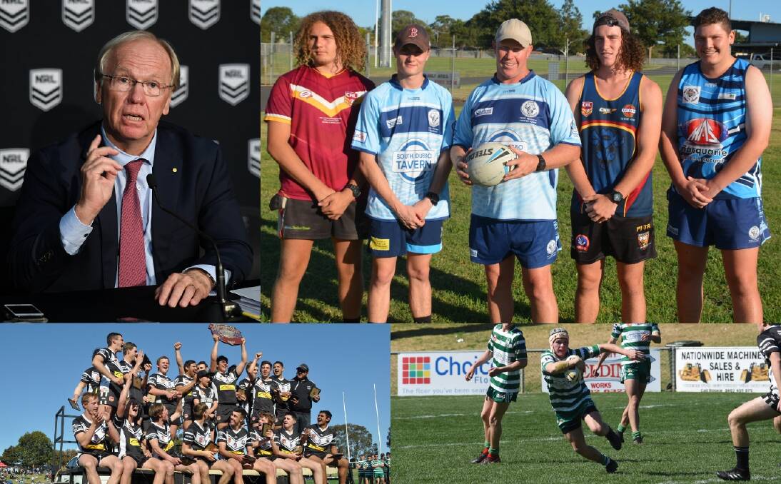 A WORRY: (clockwise from top left) ARLC chairman Peter Beattie, Macquarie under 18s coach Tony Wilson with players, Nyngan product Harry Blake in action for Dubbo CYMS last season, and 2018 under 18s premiers Forbes.