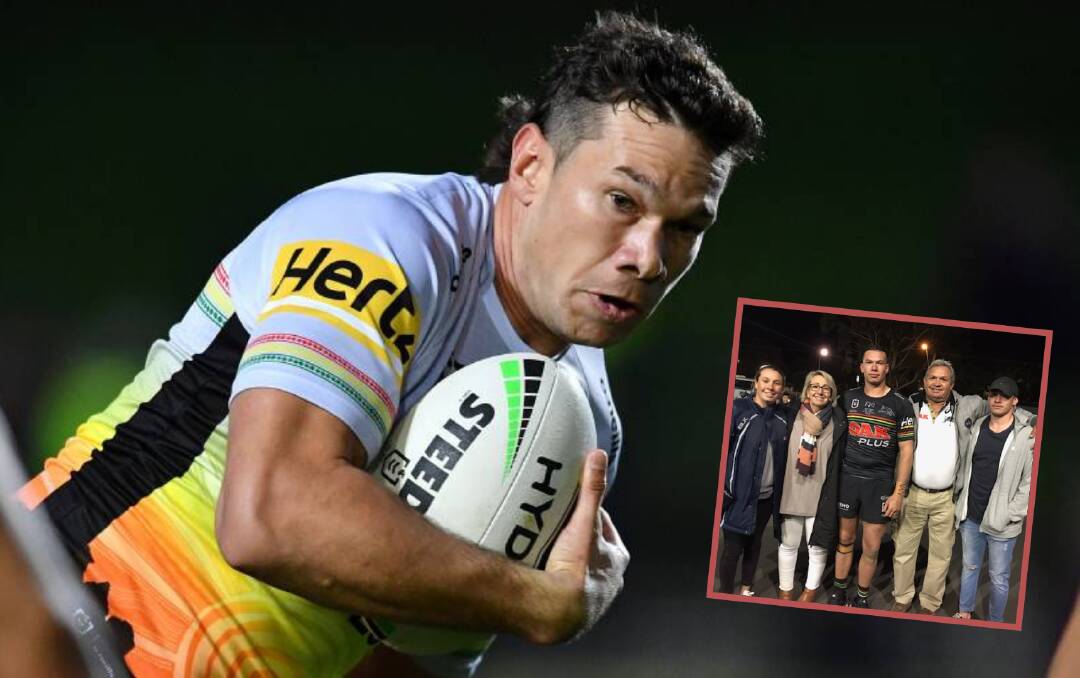 PRIDE: Brent Naden in action for the Panthers earlier this season and (inset) with his family after making his NRL debut last season. Photo: PENRITH PANTHERS