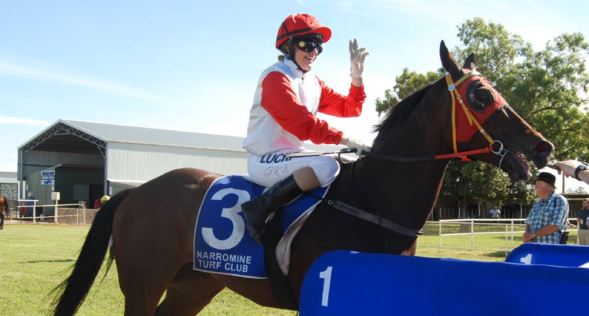 TOO GOOD: Apprentice jockey Grace Willoughby salutes to the crowd after winning Monday's Narromine Flying with Lucienne. Photo: ZAARKACHA MARLAN