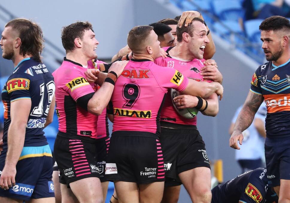 IN THE MIX: Isaah Yeo, pictured celebrating a try in Penrith's win last weekend, has been mentioned as a possible Origin player. Photo: PENRITH PANTHERS