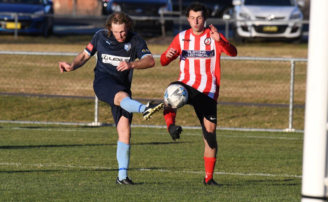 TAKE IT ON: Connor Crain (left) and Macquarie United return home this weekend to play Lithgow. Photo: JUDE KEOGH