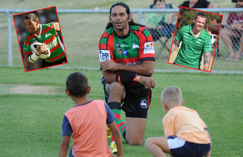 REPRESENT: David Peachey spent time back in the red and green when he played with Dubbo Westside. Insets: Peachey playing for South Sydney and former Rabbitoh Ethan Lowe.