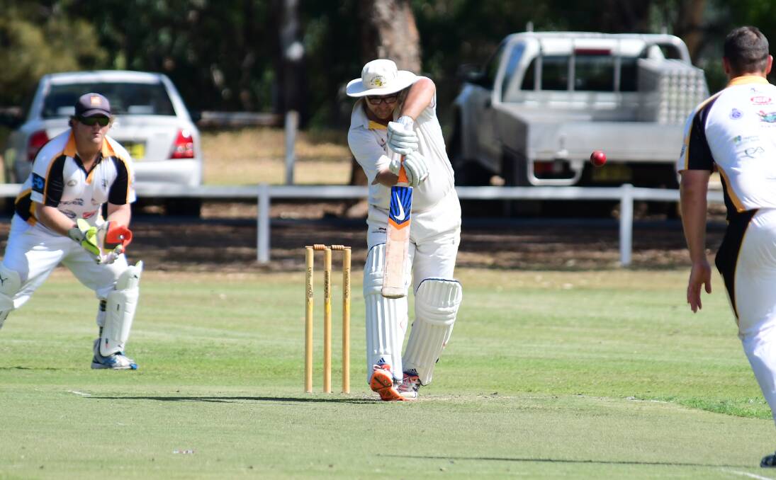 WATCHFUL: Greg Rummans holds the pose after playing one back down the pitch during his crucial knock of 73 not out for South Dubbo on Saturday. The Hornets batted all day after being 5/36 early on. Photo: BELINDA SOOLE