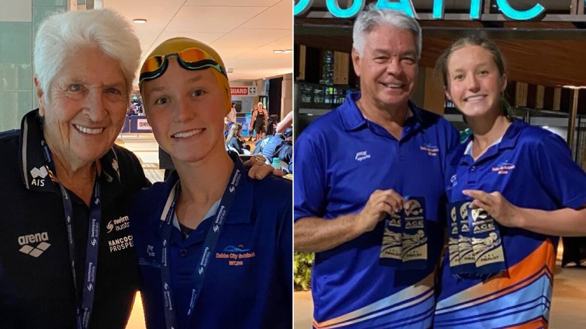 ONE TO WATCH: Dubbo swim star Bianca Fuller with Dawn Fraser (left) and her coach Dennis Valentine. Photos: CONTRIBUTED