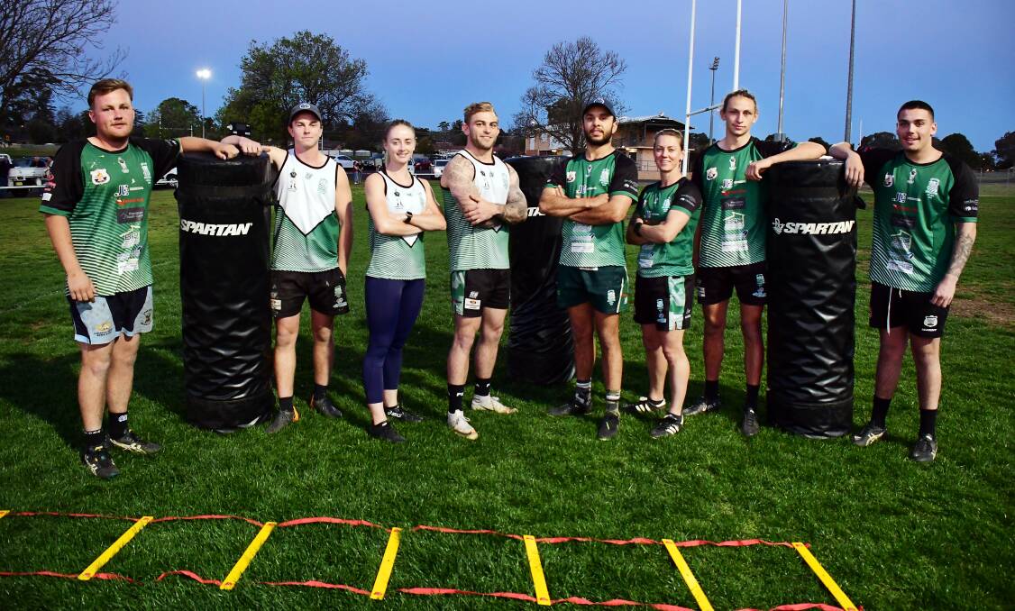 THE LEADERS: CYMS' (from L-R) Hewett Haycock and Kaide Rapley of reserve grade, league tag player Madi Crowe, first graders Jyie Chapman and Alex Ronayne, league tag captain Nic Grose, and Aiden Lake and Colby Peckham of the juniors. Photo: BELINDA SOOLE