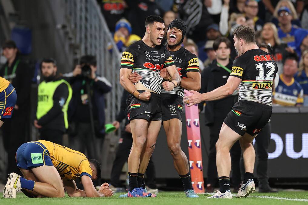 Forbes junior Charlie Staines celebrates after scoring for Penrith in the NRL grand final. Picture by Cameron Spencer/Getty Images