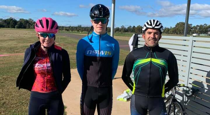 THE FIRST VICTORY: Teenage star Danny Barber (centre) won the first race on the criterium track on Saturday, ahead of Jason Farr (right) and Haylee Fuller. Photo: CONTRIBUTED