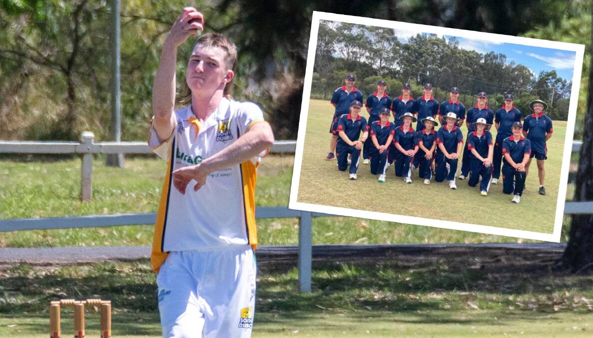 Harry Roscarel pictured in action for club side South Dubbo and (inset) with his Western teammates at the Bradman Cup. Picture by Belinda Soole