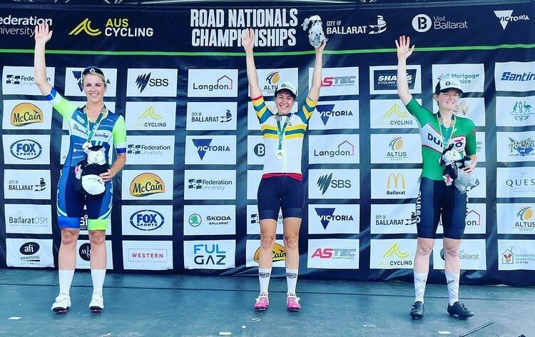 SUCCESS: Dubbo Cycle Club rider Emily Williams (right) celebrates her bronze medal at last week's Road Nationals at Ballarat. Picture: Supplied