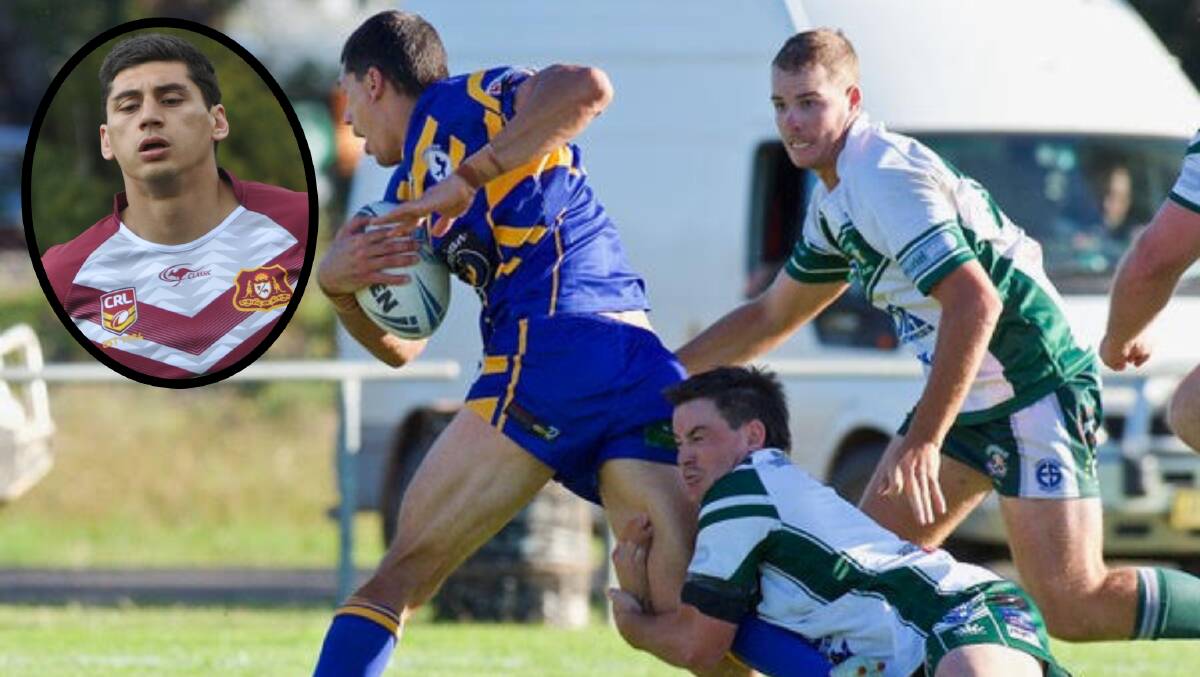 GOT HIM: Some tough Dunedoo defence brings down Kyle Turner on Saturday and (inset) Turner during his NRL career. MAIN PHOTO: PETER SHERWOOD
