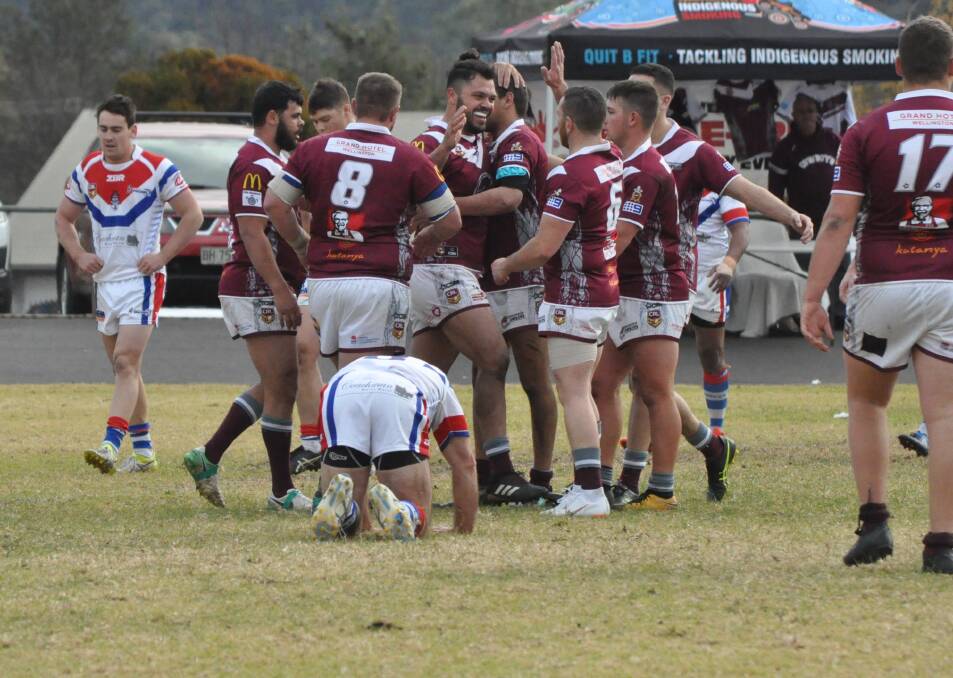 GOING AGAIN: Leading back-rower Justin Toomey-White (centre) and the Wellington Cowboys scored a thrilling win over the Parkes Spacemen the last time the two sides met. Photo: NICK McGRATH