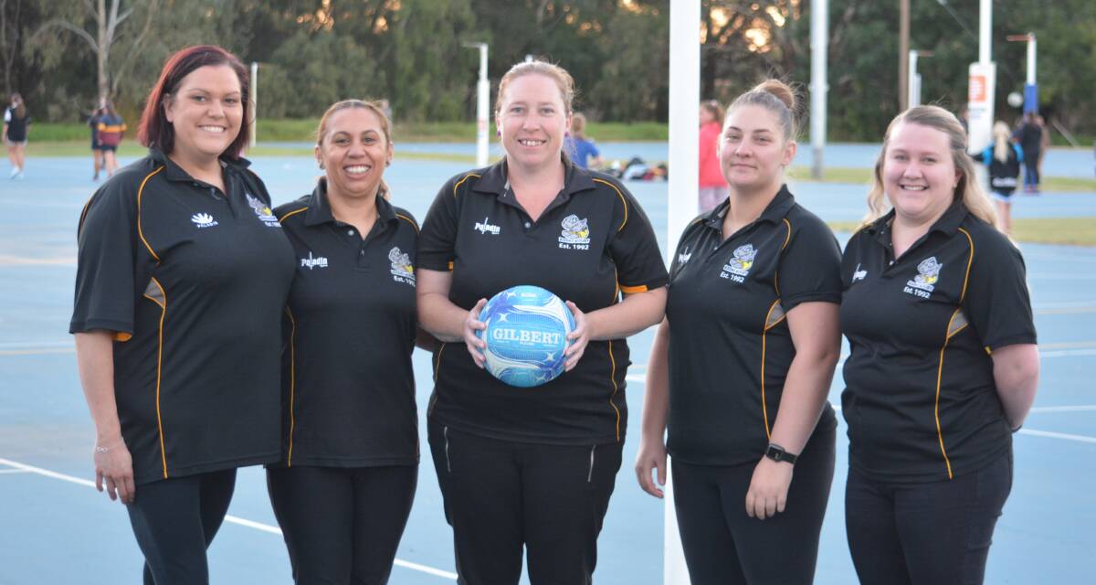 ON THE CHARGE: Dubbo Rhinos players Kyla Flick, Melinda Fox, Ange Read, Paige Toll, and Brooke Albert. Photo: NICK GUTHRIE