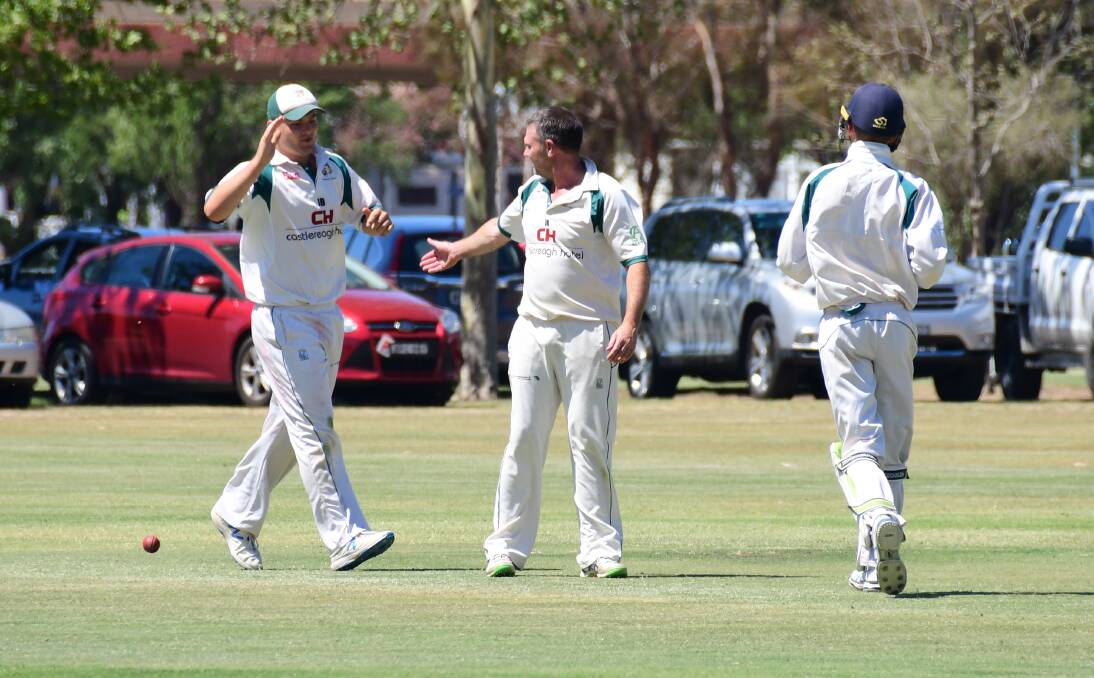 ANOTHER ONE: Ben Knaggs (left) celebrates a Ben Williams wicket during CYMS' win on Saturday. Photo: AMY McINTYRE