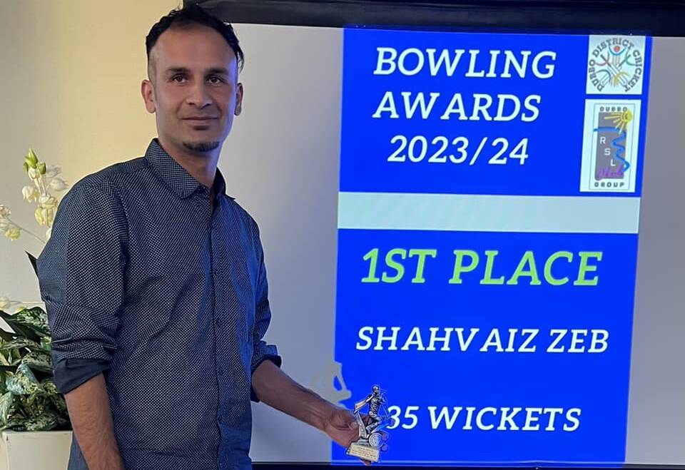 Shahvaiz Zeb with his second grade leading wicket-taker award at the recent Dubbo cricket awards night. Picture supplied