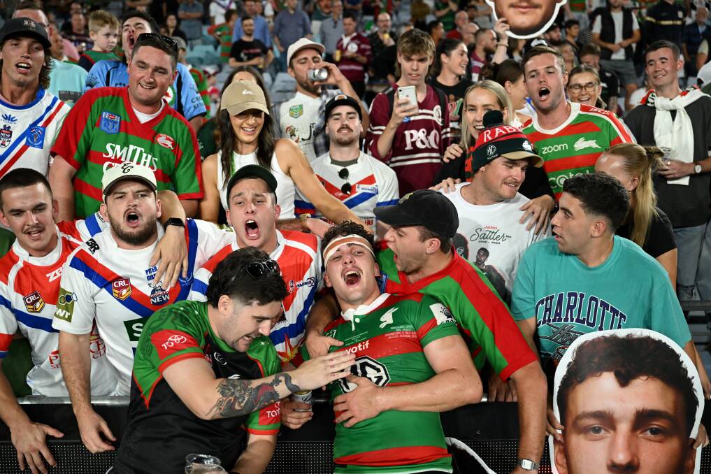Ben Lovett was swamped by family and friends after making his NRL debut for the Rabbitohs on Saturday night. Picture by NRL Photos