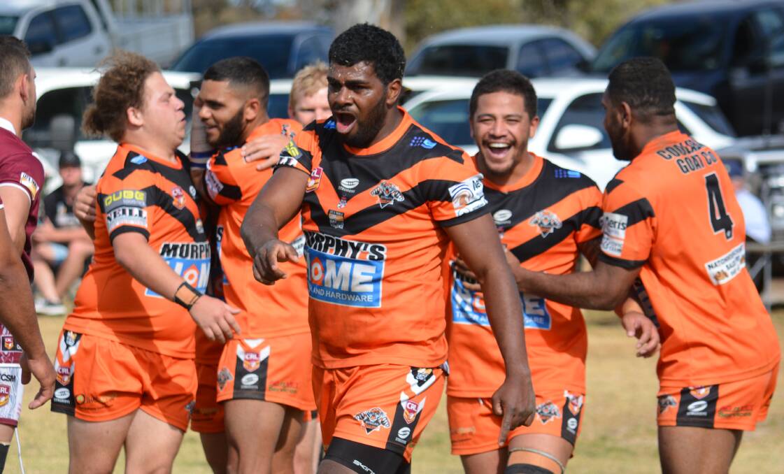 SO CLOSE: Jone Yacadrau celebrates after his second try got the Nyngan Tigers back within range in the first half on Sunday. Photo: NICK GUTHRIE