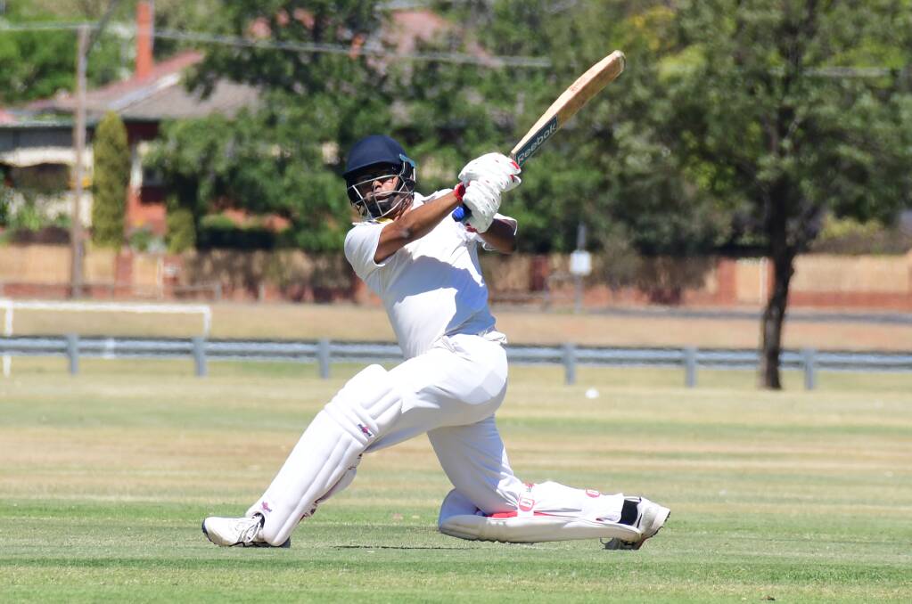 HITTING OUT: Rajat Rai attempts to belt the CYMS attack on Saturday. He made 38 in Souths' close-fought loss to the Cougars at Lady Cutler 2. Photo: AMY McINTYRE