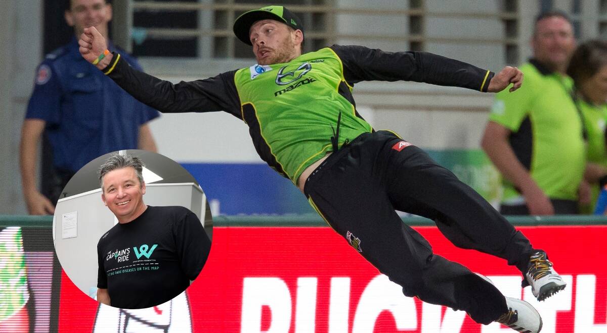 FLYING IN: Ryan Gibson, pictured attempting a spectacular catch in BBL, will be at Dubbo along with (inset) Gavin Robertson of the Baggy Blues. MAIN PHOTO: AAP
