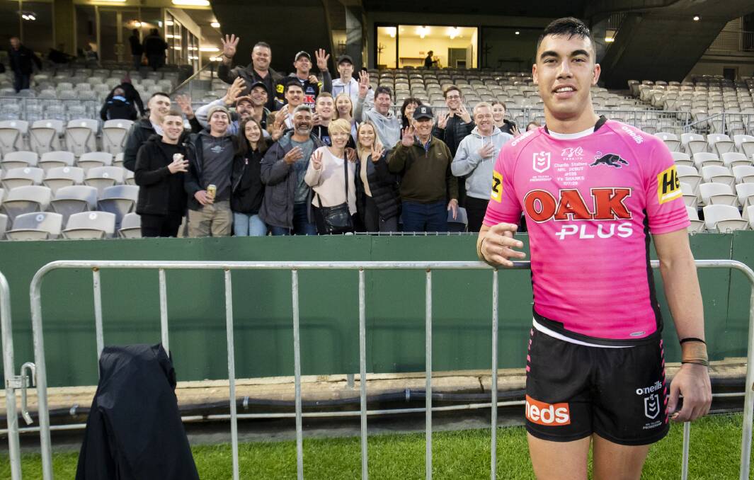 SPECIAL MOMENT: Charlie Staines with all his family and friends who were in attendance to see his stunning debut for the Penrith Panthers on Saturday. Photo: NRL PHOTOS