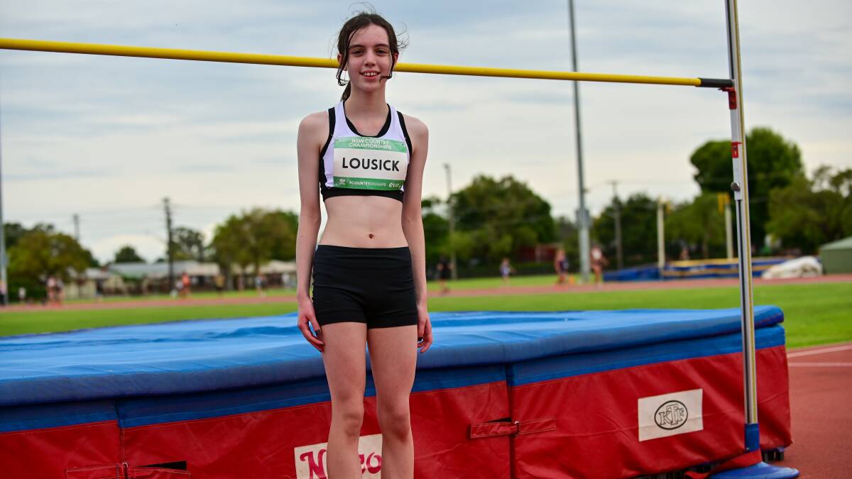 Emily Lousick, pictured just moments after setting a new record in the women's 13 years high jump at the NSW Country Championships on Saturday. Picture by Athletics NSW/James Constantine