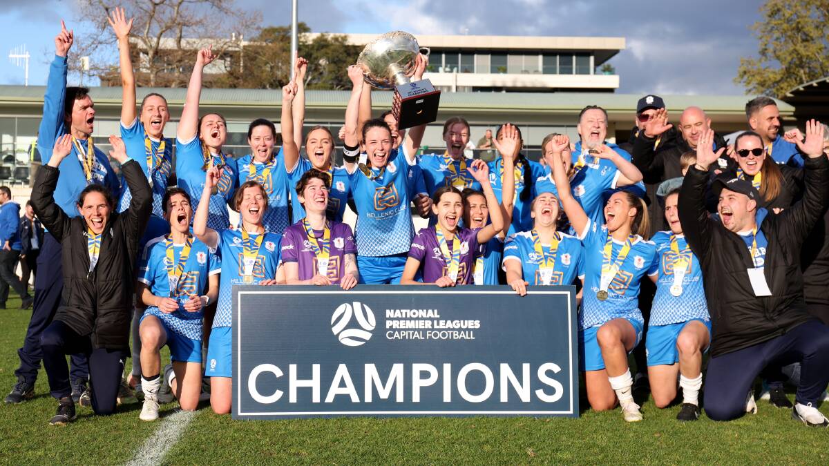 Canberra Olympic celebrates after defeating Belconnen United in the grand final. Picture by James Croucher