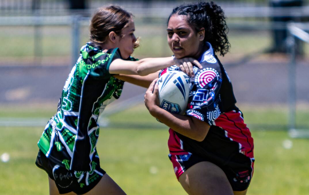 Shakoda Edwards of the Goannas does her best to escape the Castlereagh defence during last weekend's under 16s match. Picture by Bridget Bartlett Photography