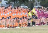 Nyngan and Wellington players together prior to a game last season. Both clubs have battled number worries at different times in recent years. Picture by Tom Barber