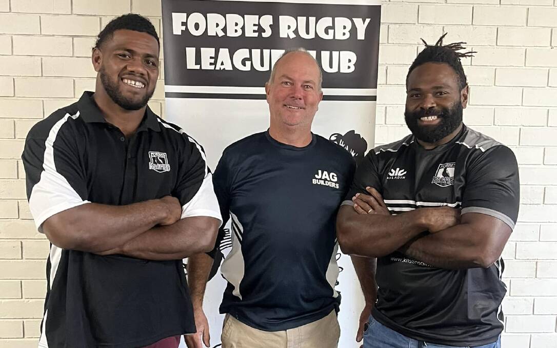 Forbes Magpies president Matthew Jack, centre, with Fijian recruits Nikola Sovatabua and Epeli Uluinavacu. Picture Forbes Magpies Facebook
