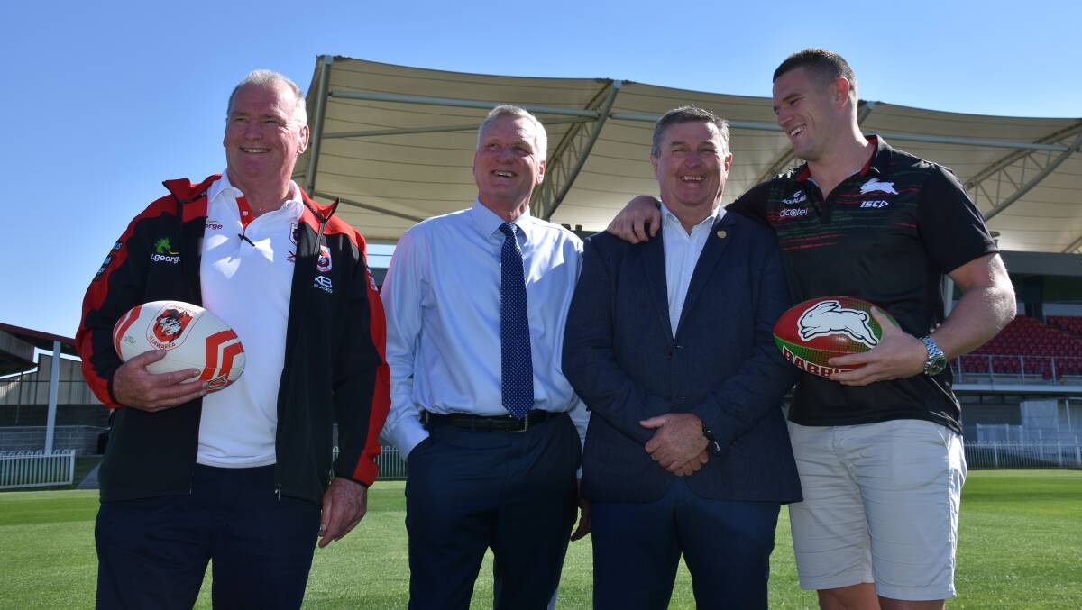ANNOUNCEMENT: Craig Young, Brad Cam, Des Kennedy and Luke Burgess announce St George Illawarra and South Sydney will return to Mudgee in 2020. Photo: JAY-ANNA MOBBS