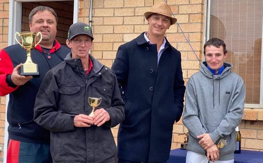 CUP SUCCESS: Dar Lunn (second from left) with owners Rob Pratten (left) and Guy Mitchell, and jockey Clayton Gallagher after Classy Rebel's cup win. Photo: DAR LUNN RACING FACEBOOK