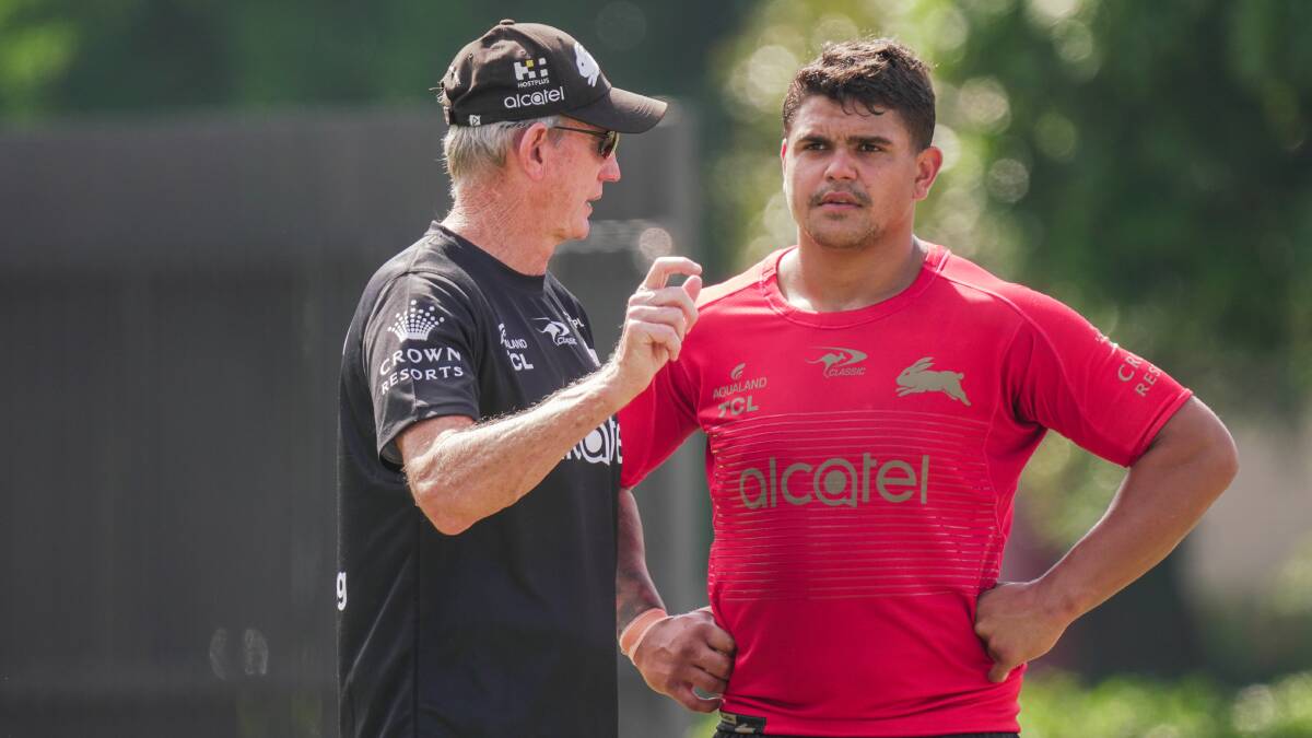HEADING WEST: Rabbitohs coach Wayne Bennett and Latrell Mitchell at training in the lead-up to Sunday's NRL match at Dubbo. Photo: SOUTH SYDNEY RABBITOHS