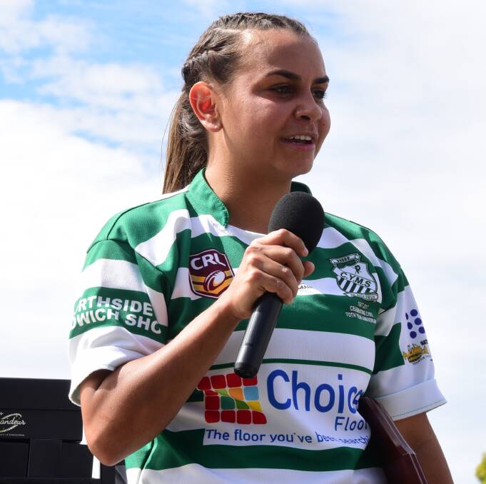 RAPID RISE: Rikka Lamb-Lane speaking after the 2017 Group 11 league tag final, when she co-captained CYMS to the title. The former Westside player will soon be back in red and green. Photo: BELINDA SOOLE