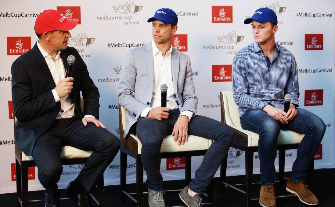 CONTENDER: Matthew Dale (centre), pictured with Chris Waller and Ben Hayes prior to the 2016 Melbourne Cup, will have a strong hope in the Parkes Cup. Photo: GETTY IMAGES
